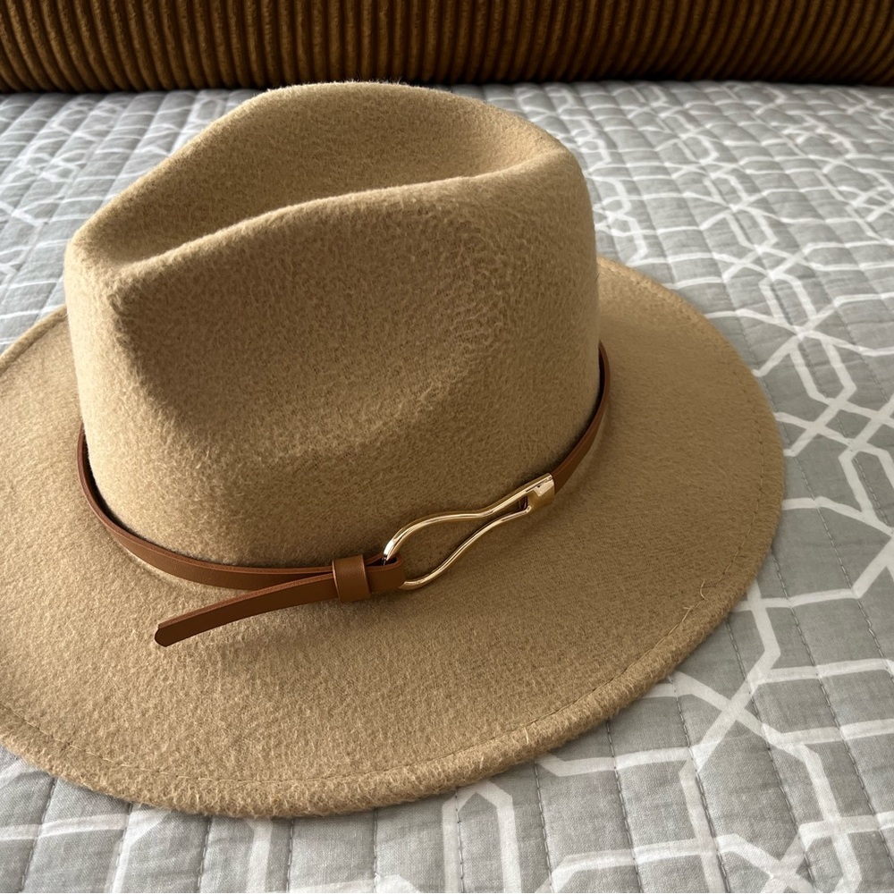 Camel felt fedora hat with leather buckle detailing